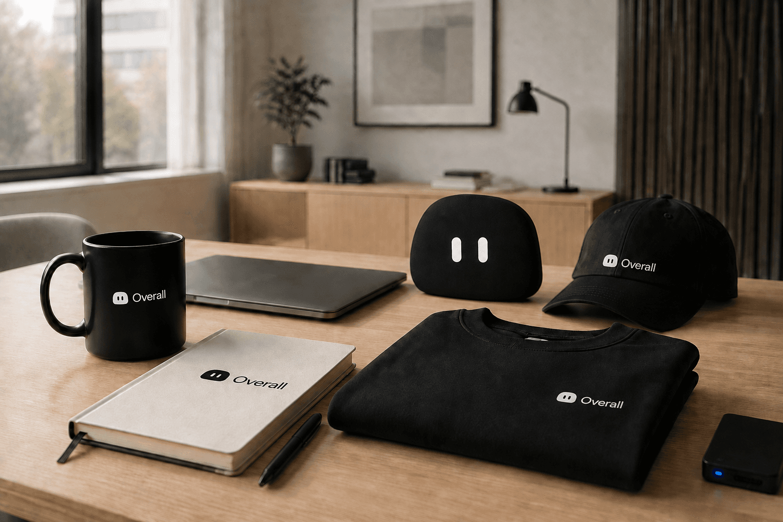 A calm design studio with merchandise carrying the official Overall mascot-and-name signature