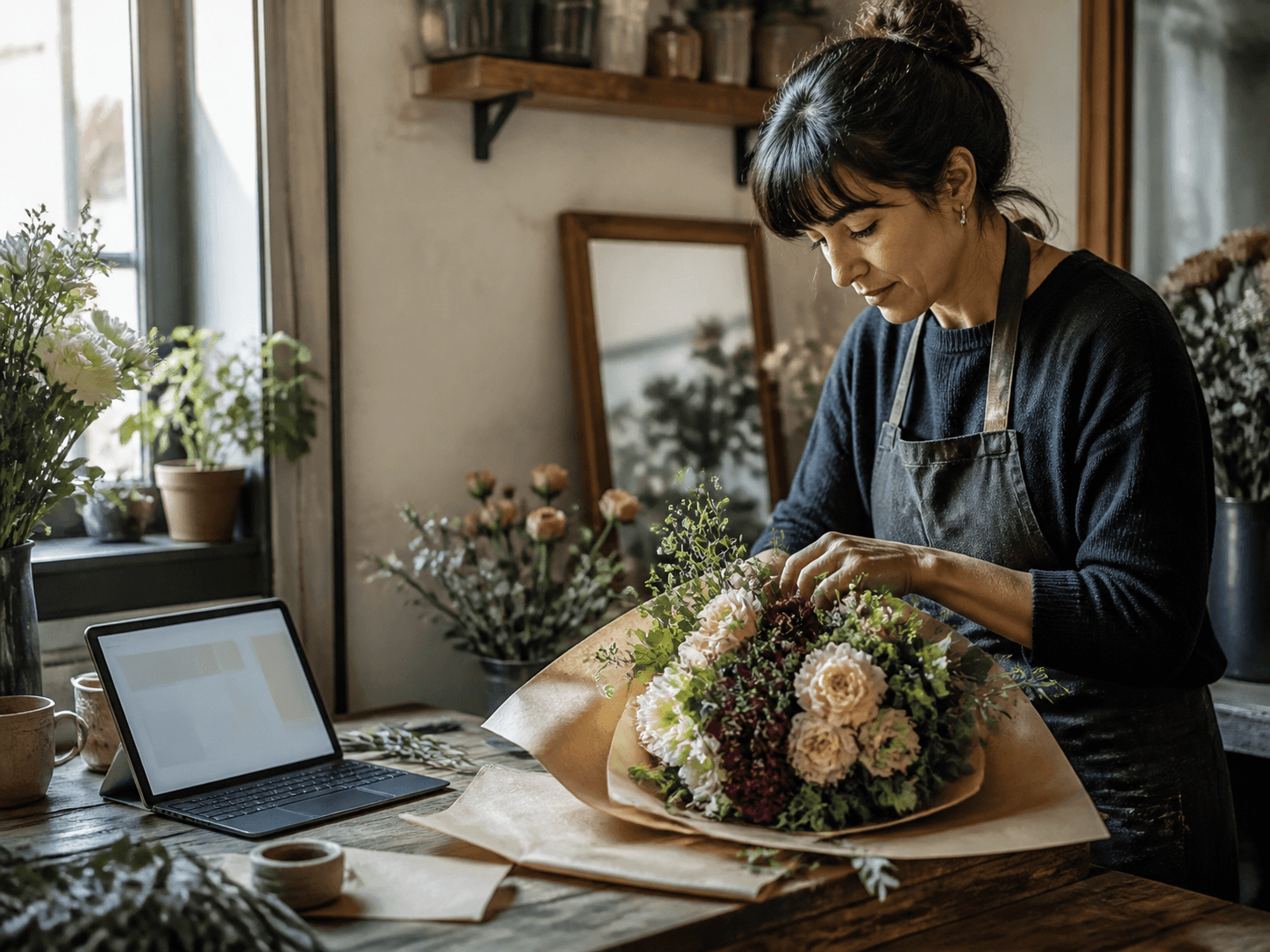 An artisan florist arranging a bouquet in a flower studio beside a tablet