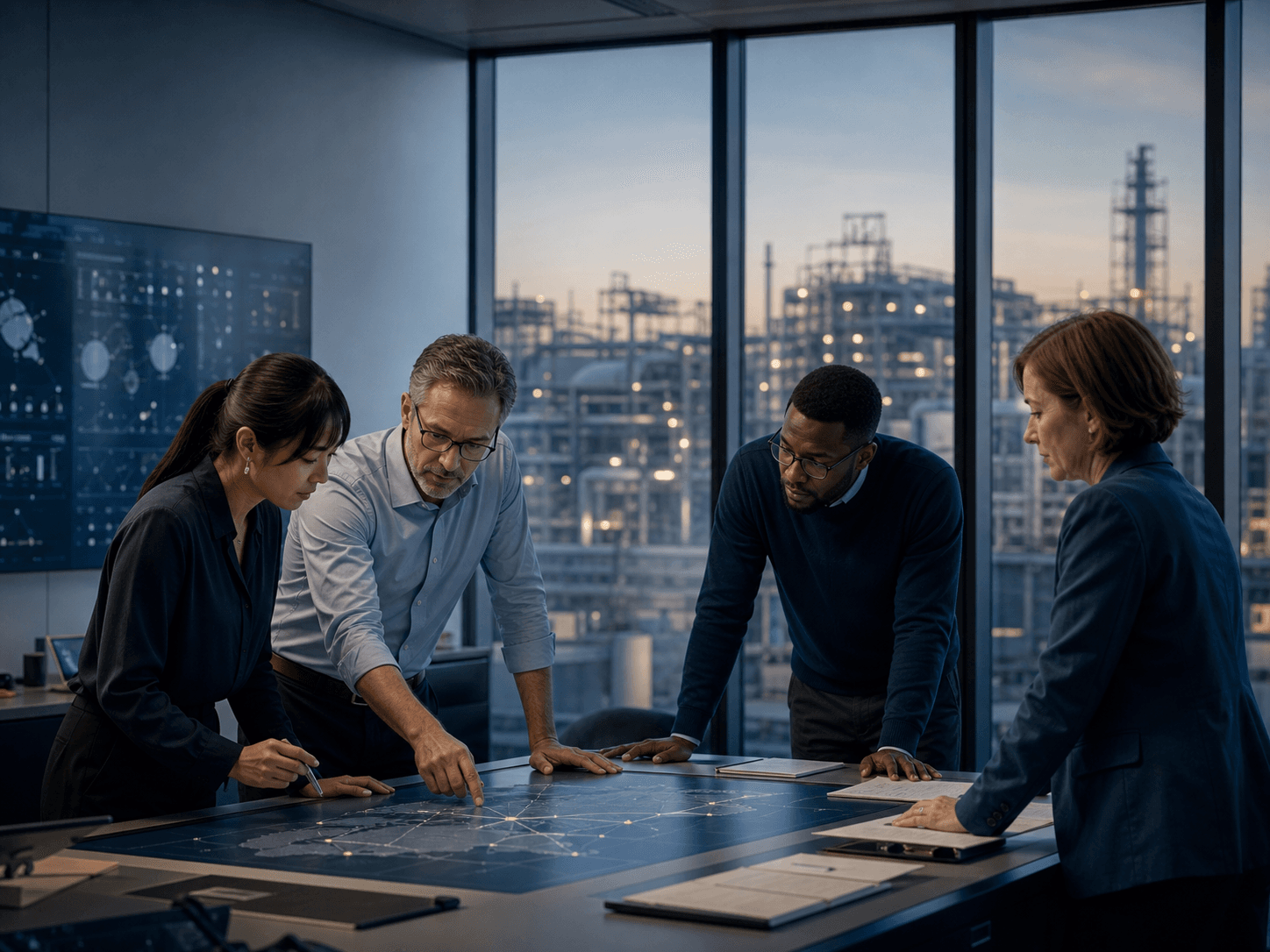 An industrial operations team collaborating around a planning table