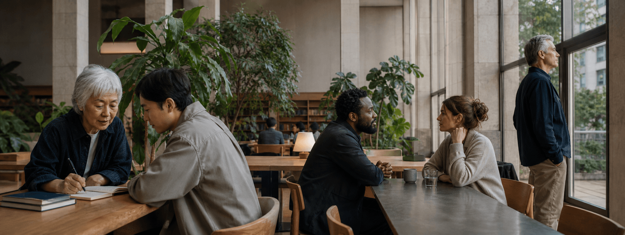 People sharing knowledge, conversation, and quiet reflection in a sunlit civic space
